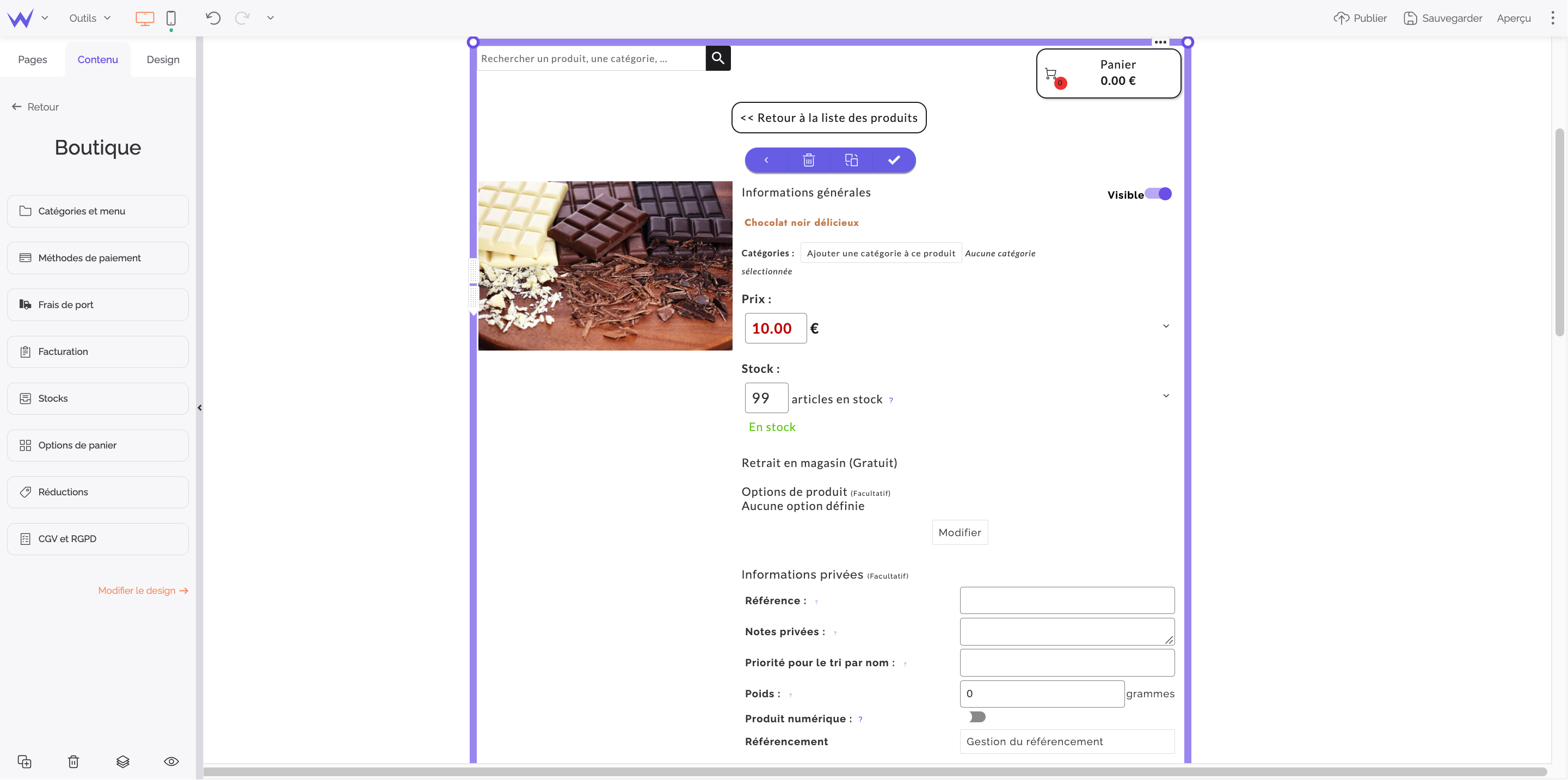 Créer un site de vente en ligne gratuitement fiche produit