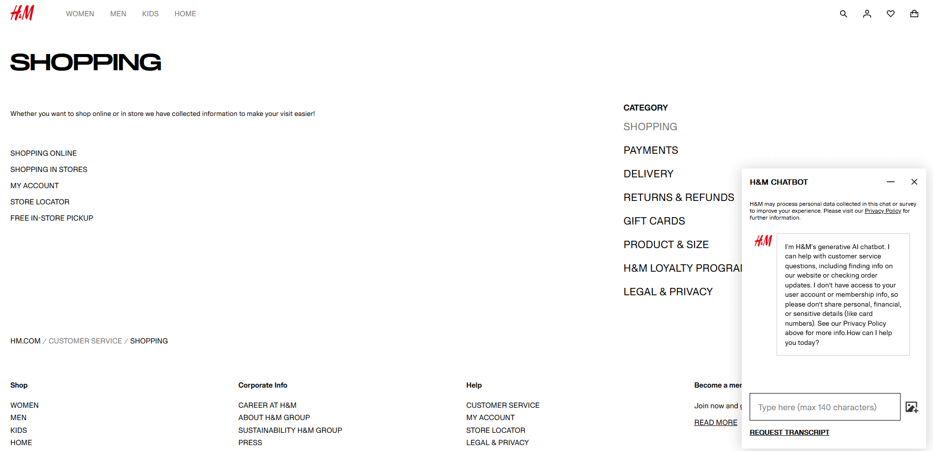 example of chatbot (H&M) Chatbot on H&M's website