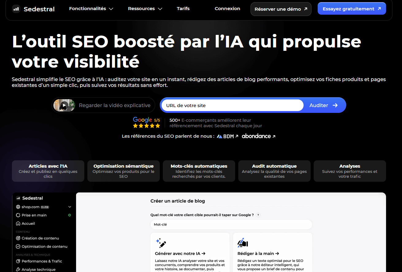 Sedestral outil basé sur l'IA pour le référencement Sedestral, outil IA pour le SEO