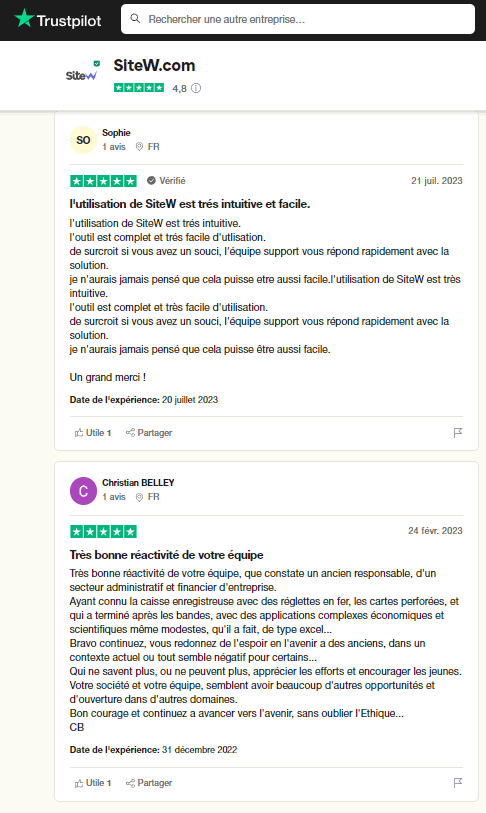 Avis Trustpilot sur SiteW