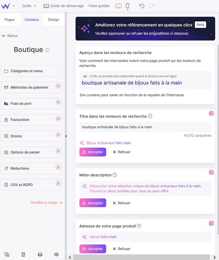 IA dans le module Boutique de SiteW