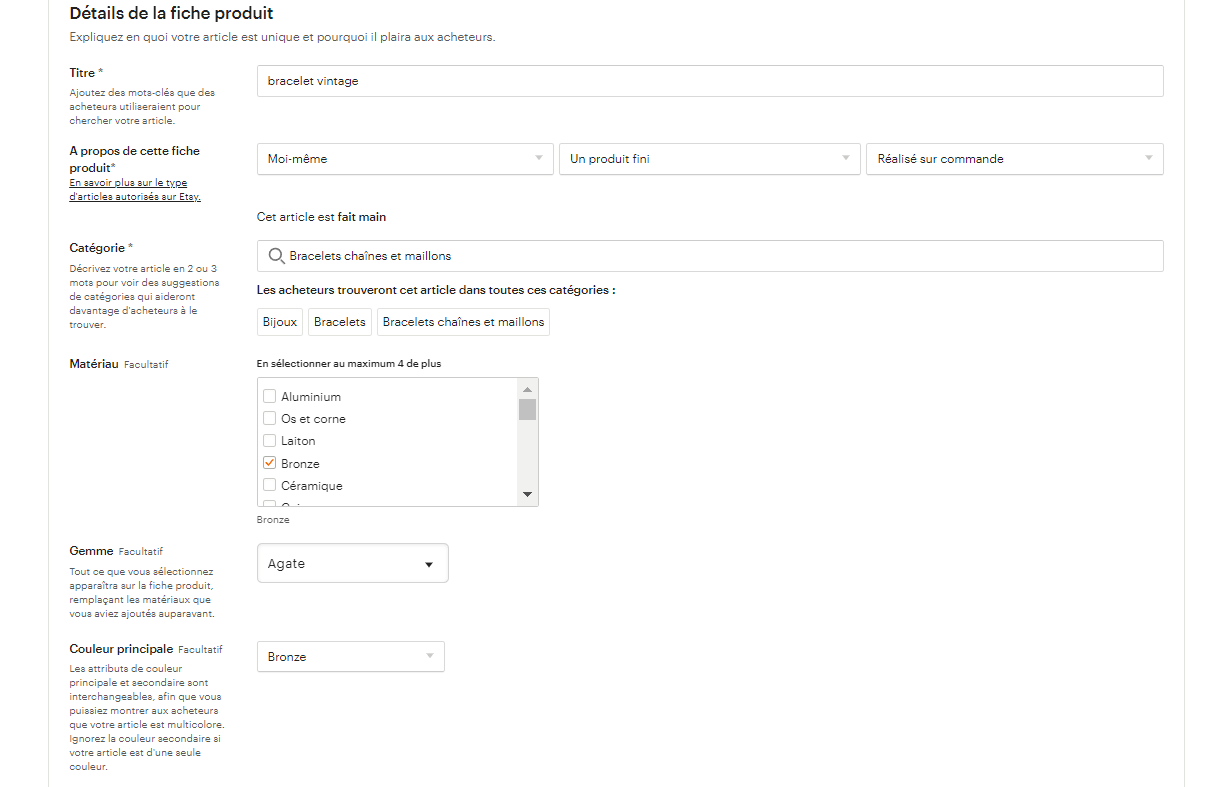 Détail de la fiche produit Etsy