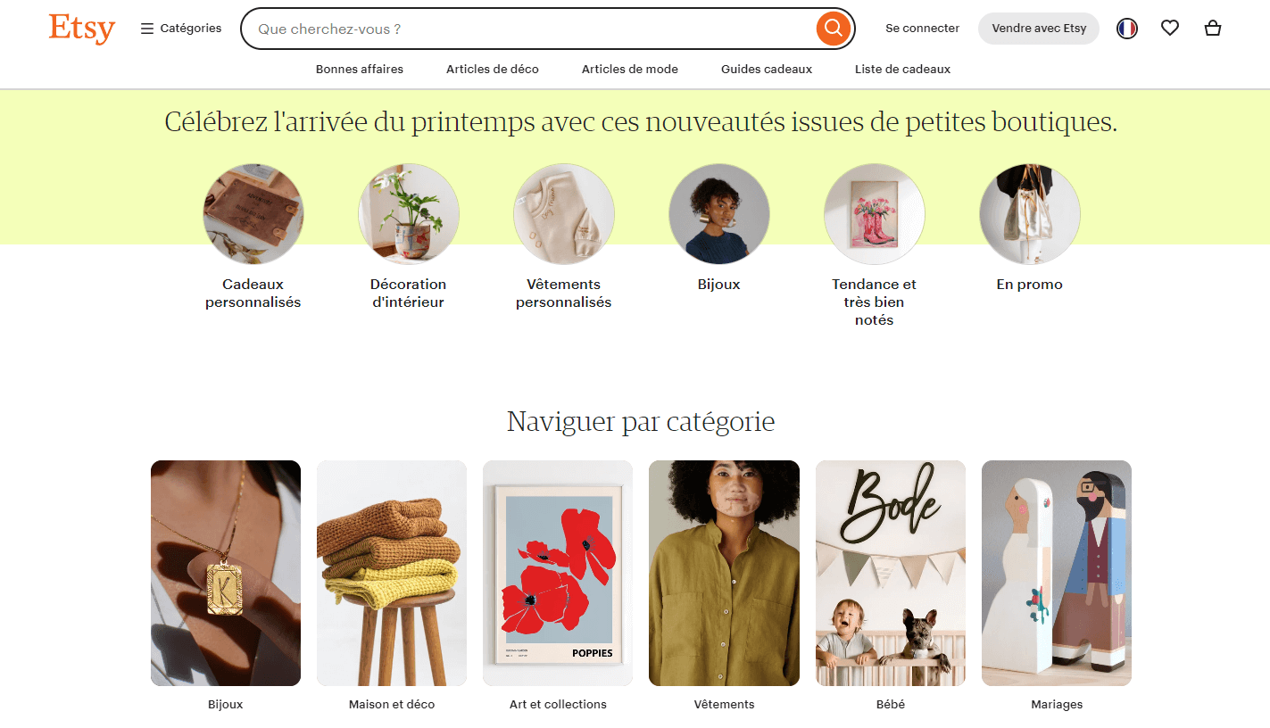 Page d'accueil d'Etsy