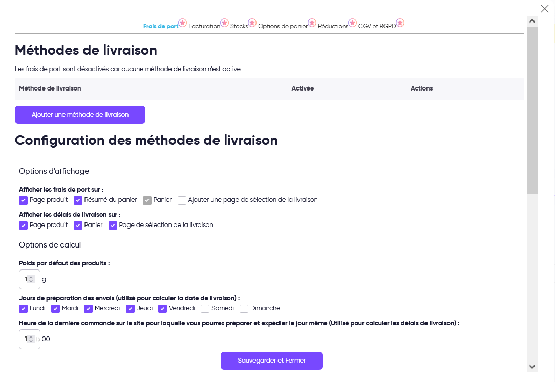 Méthodes de livraison boutique SiteW