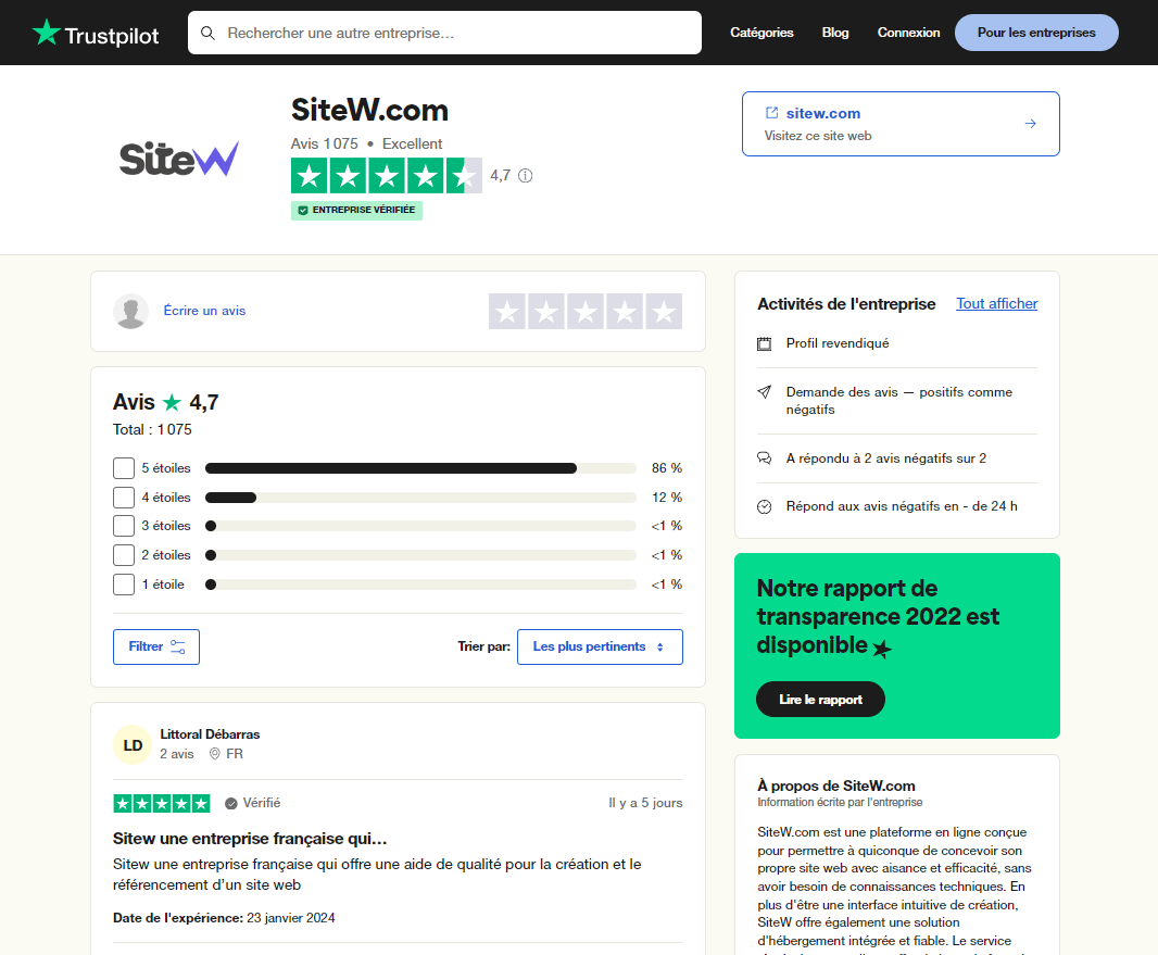 Note Trustpilot de SiteW