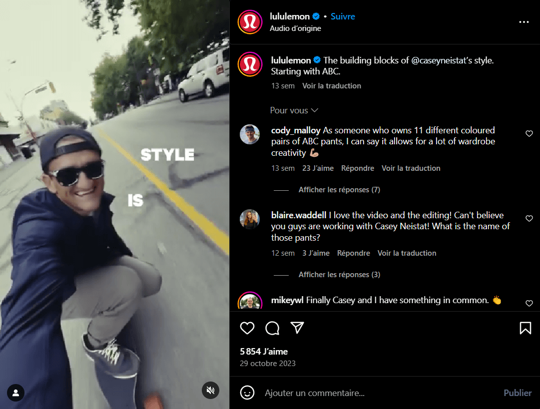 Publication de la marque Lululemon sur un de ses réseaux sociaux