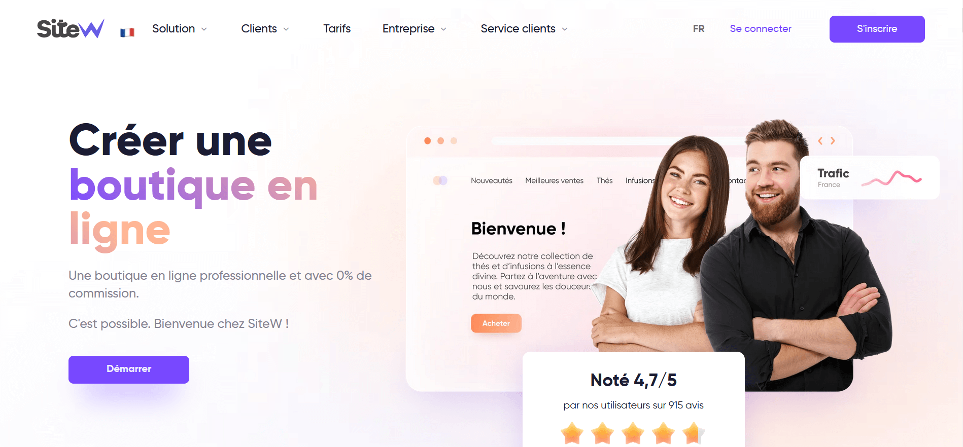 Page d'accueil pour créer une boutique en ligne avec SiteW