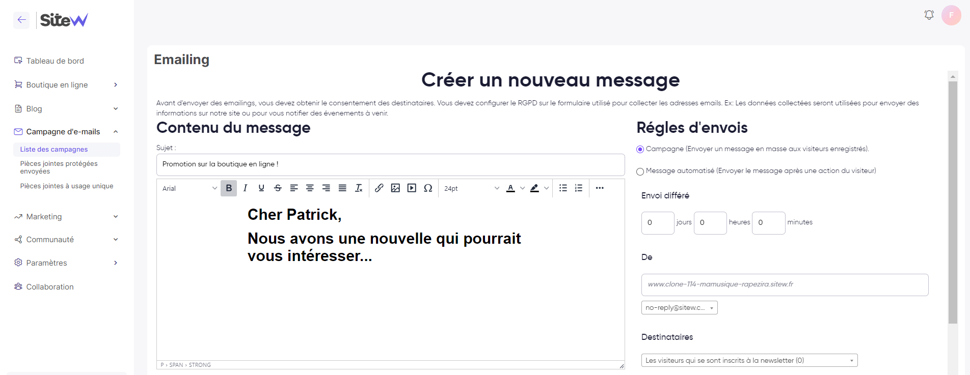 Faire de l'emailing sur SiteW