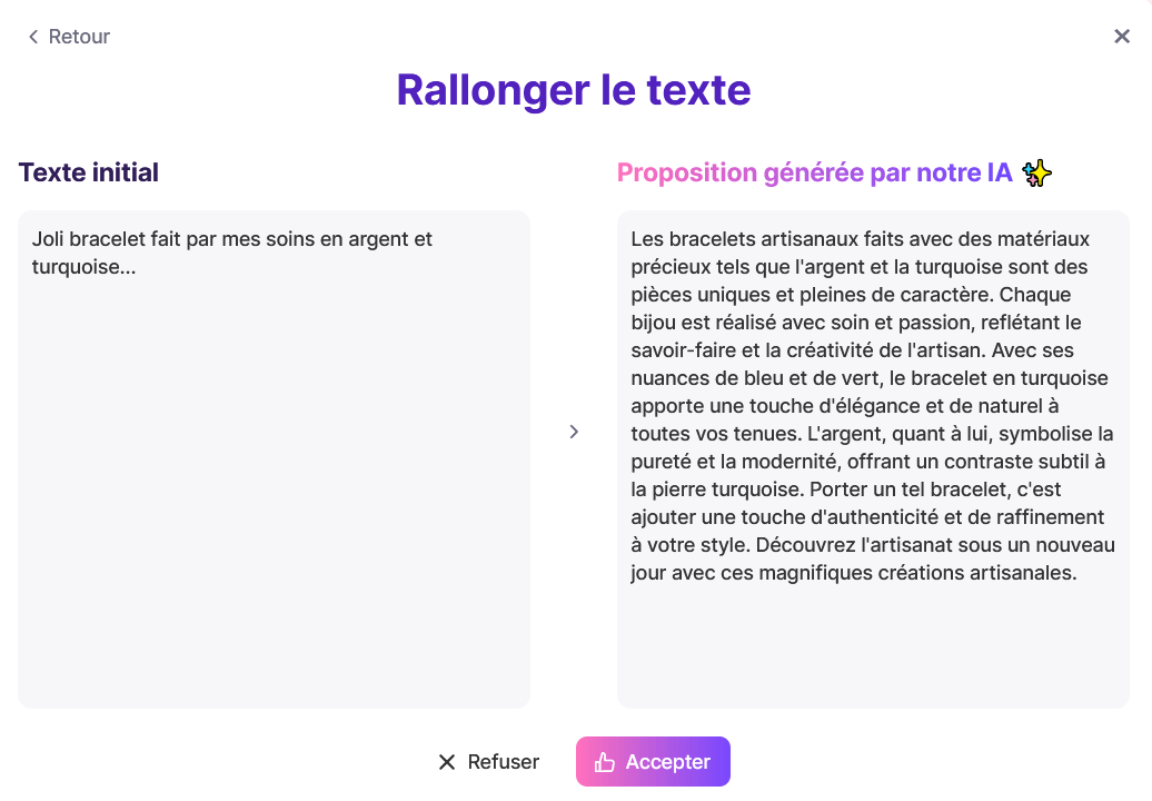 Fonctionnalité IA permettant de générer du texte pour son site