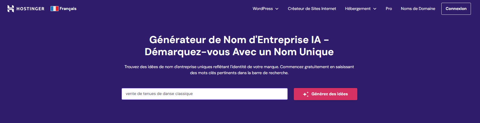 Générateur de nom d'entreprise IA sur Hostinger