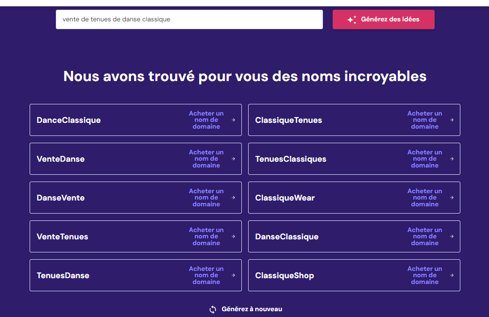 Proposition de noms d'entreprise par Hostinger