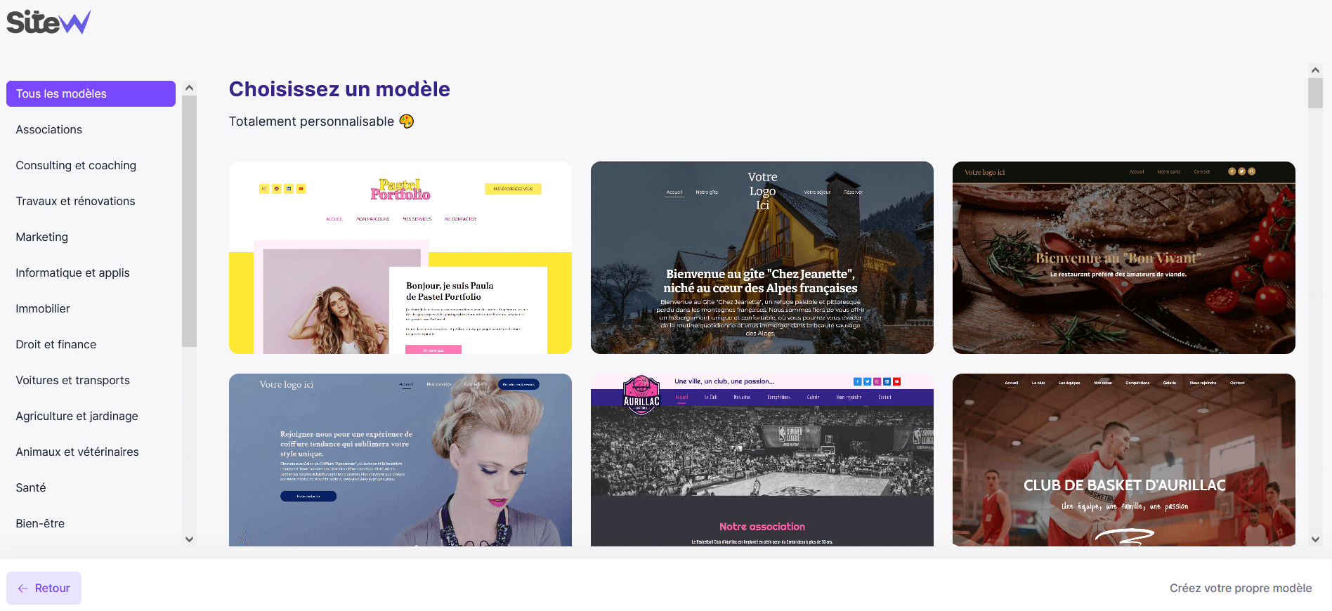 Templates prédéfinis et personnalisables de SiteW