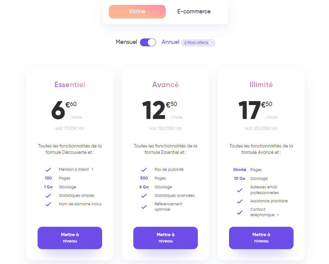 Formules de SiteW pour créer un site vitrine