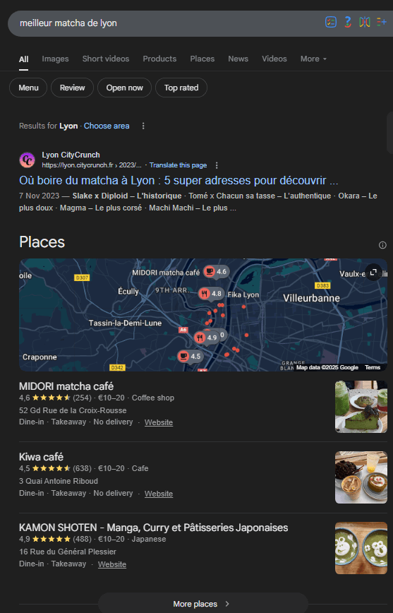liste d'entreprises locales sur Google