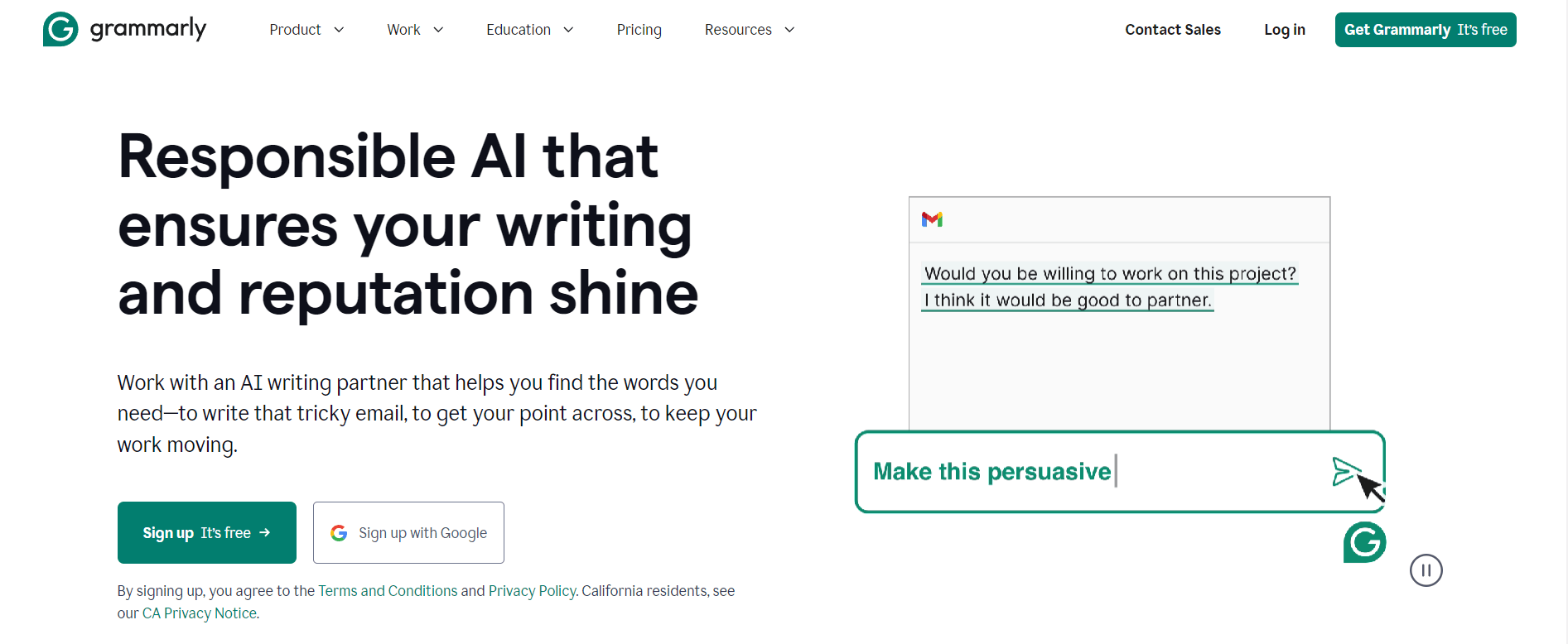 Page d'accueil du site Grammarly