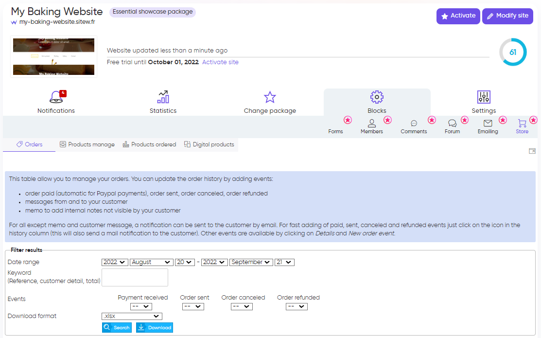 gestion commandes sitew