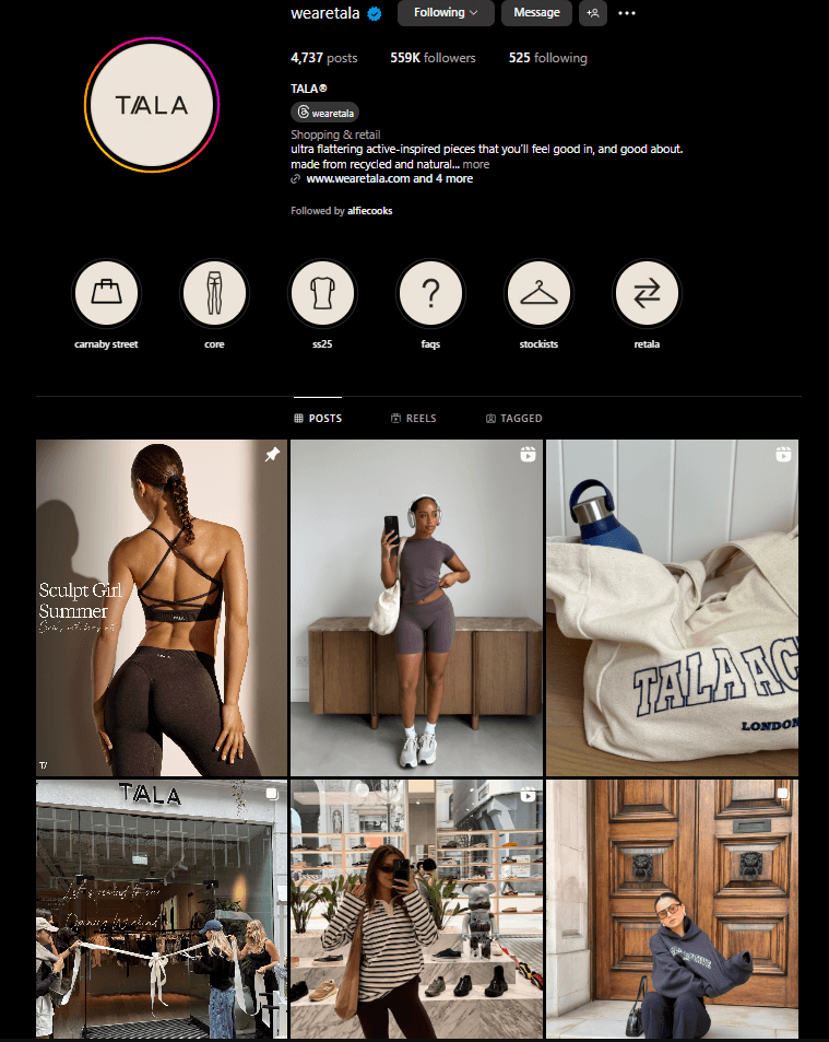 Compte IG de la marque de vêtements TALA