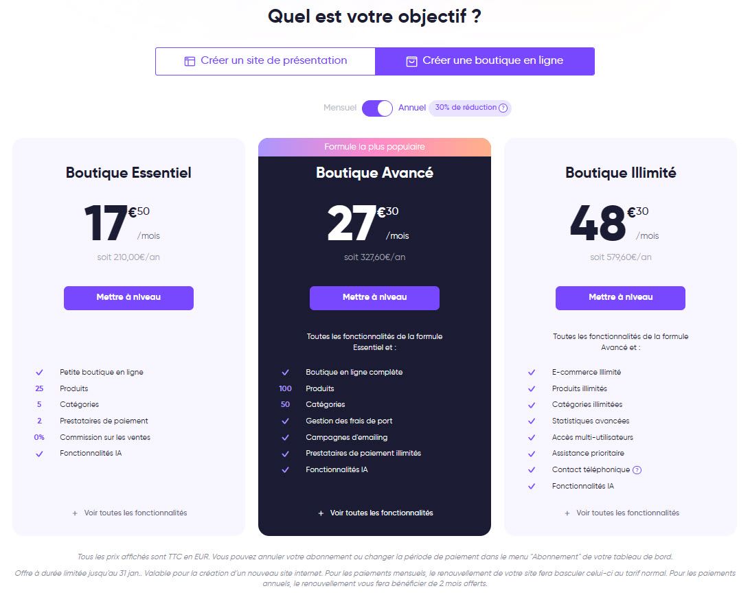 Tarifs pour créer une boutique en ligne avec SiteW