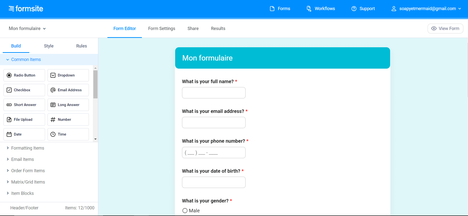 Exemple de formulaire en ligne créé avec Formsite