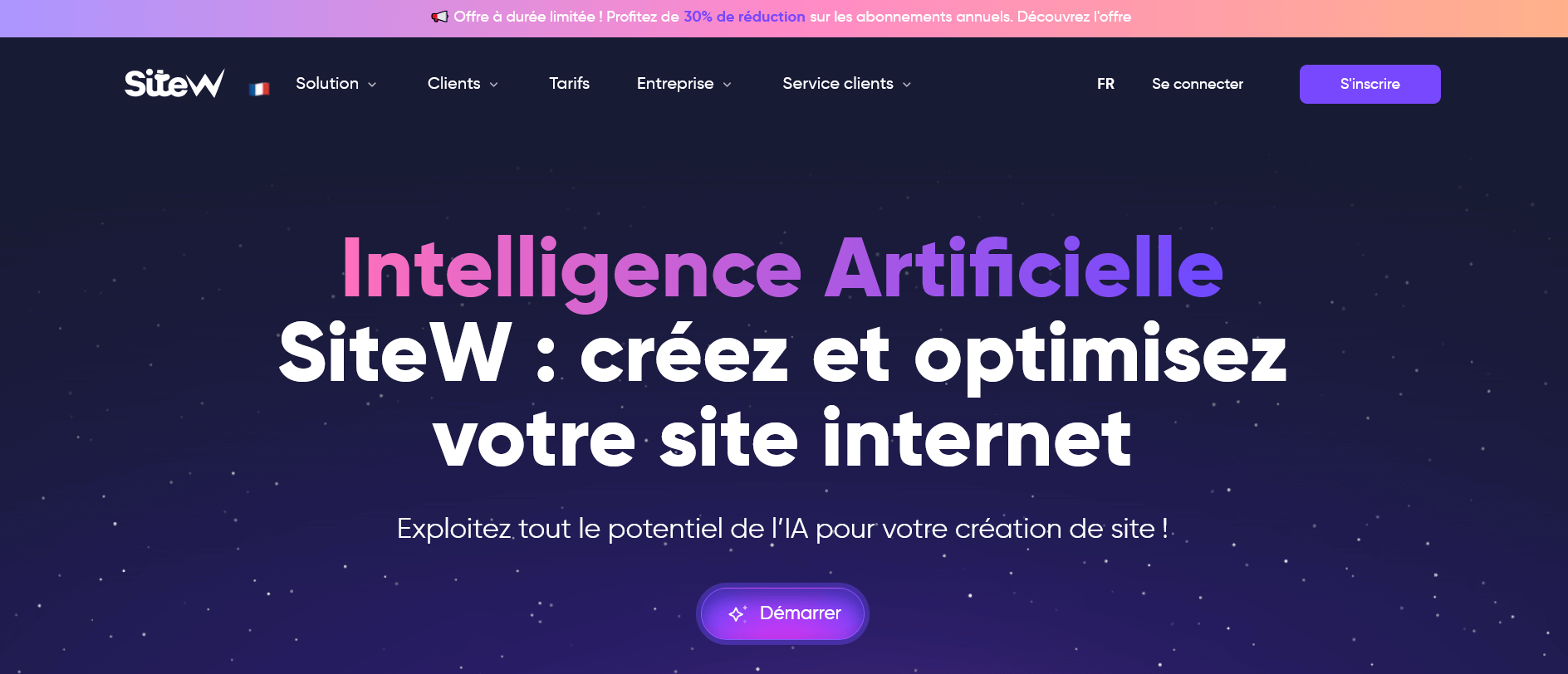 Page d'accueil de SiteW, éditeur de sites web en ligne