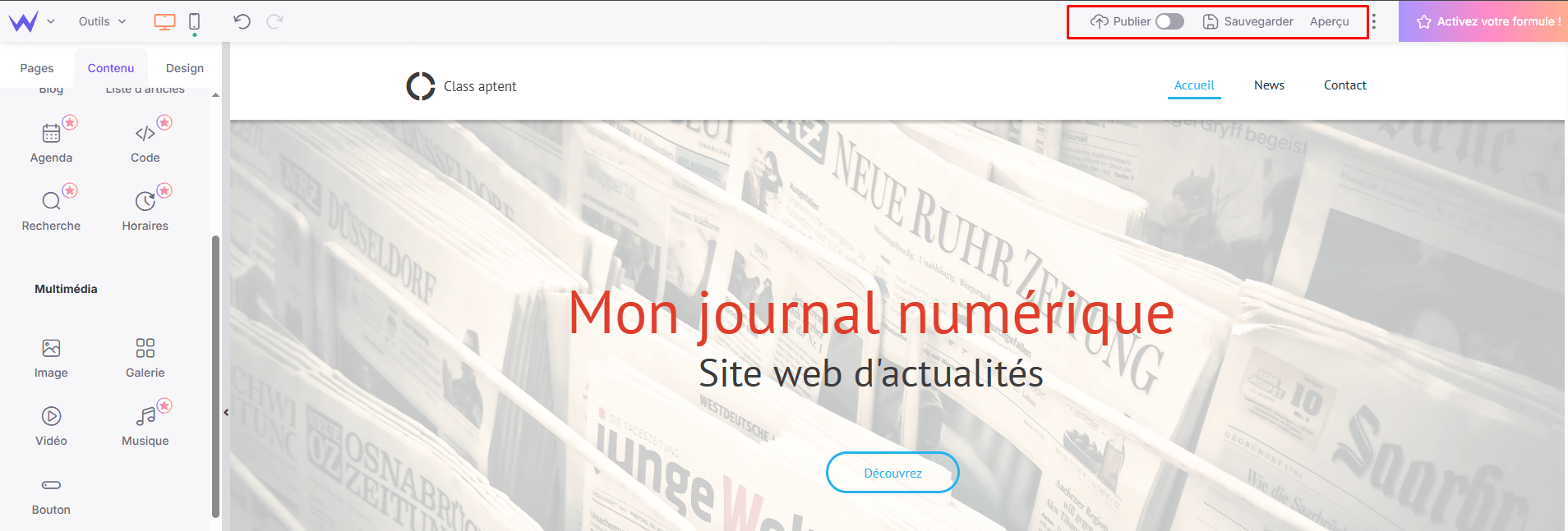 Aperçu et publier son blog d'actu sur SiteW