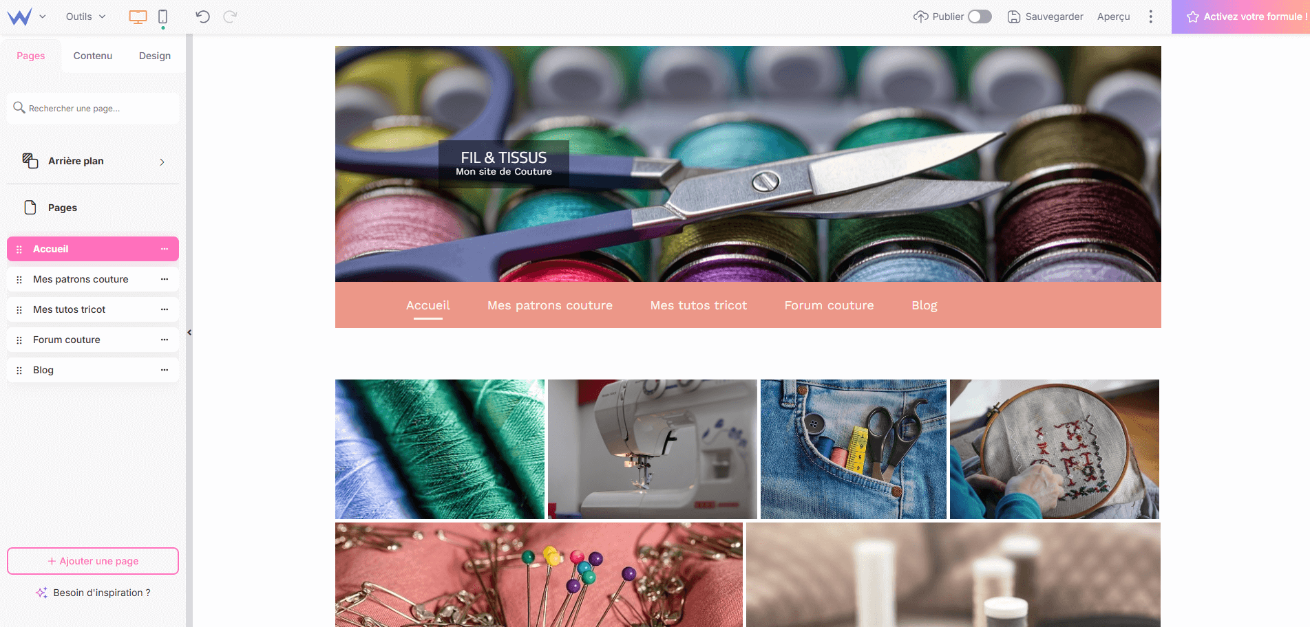 structure site couture gestion des pages site couture