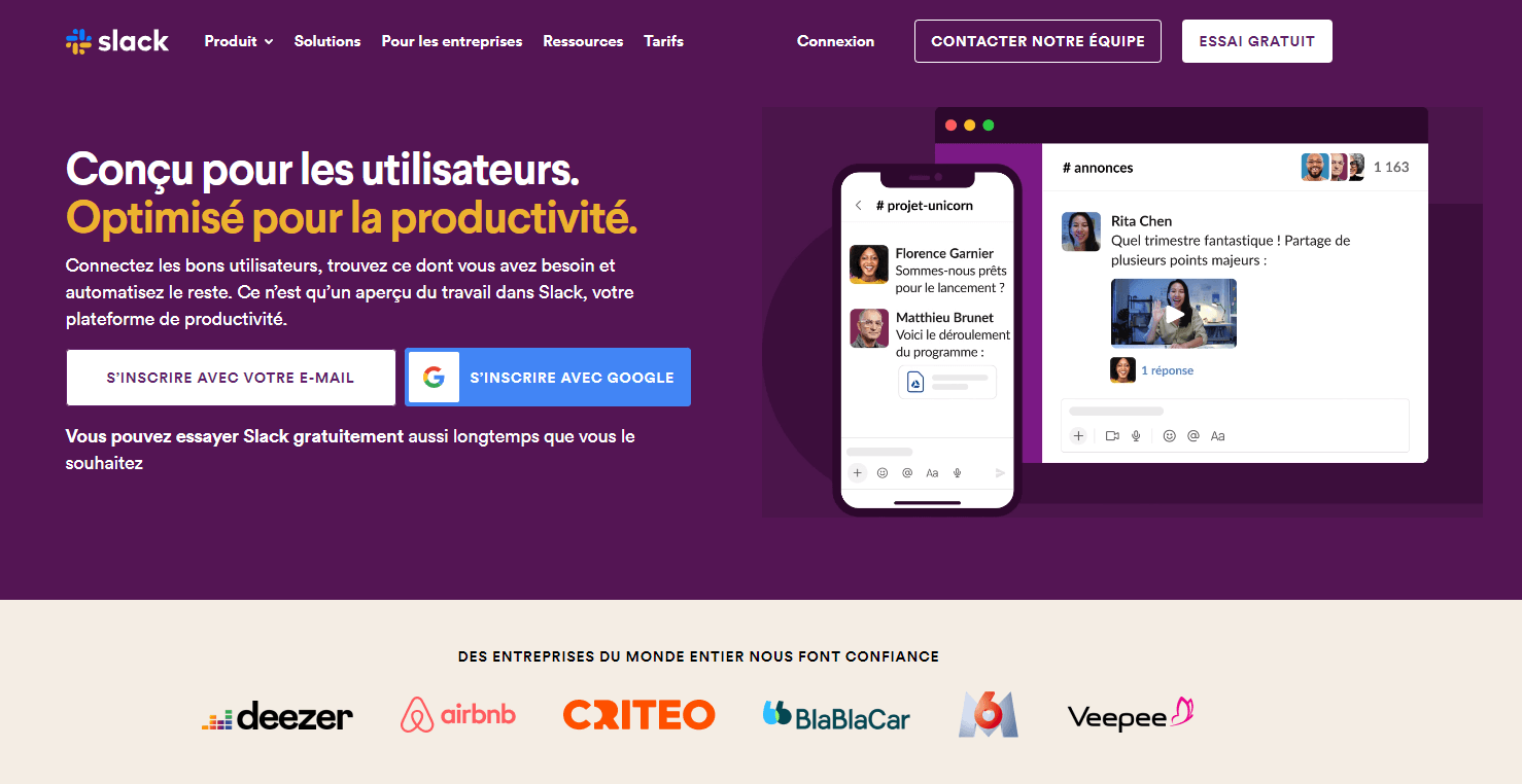 Page d'accueil de Slack