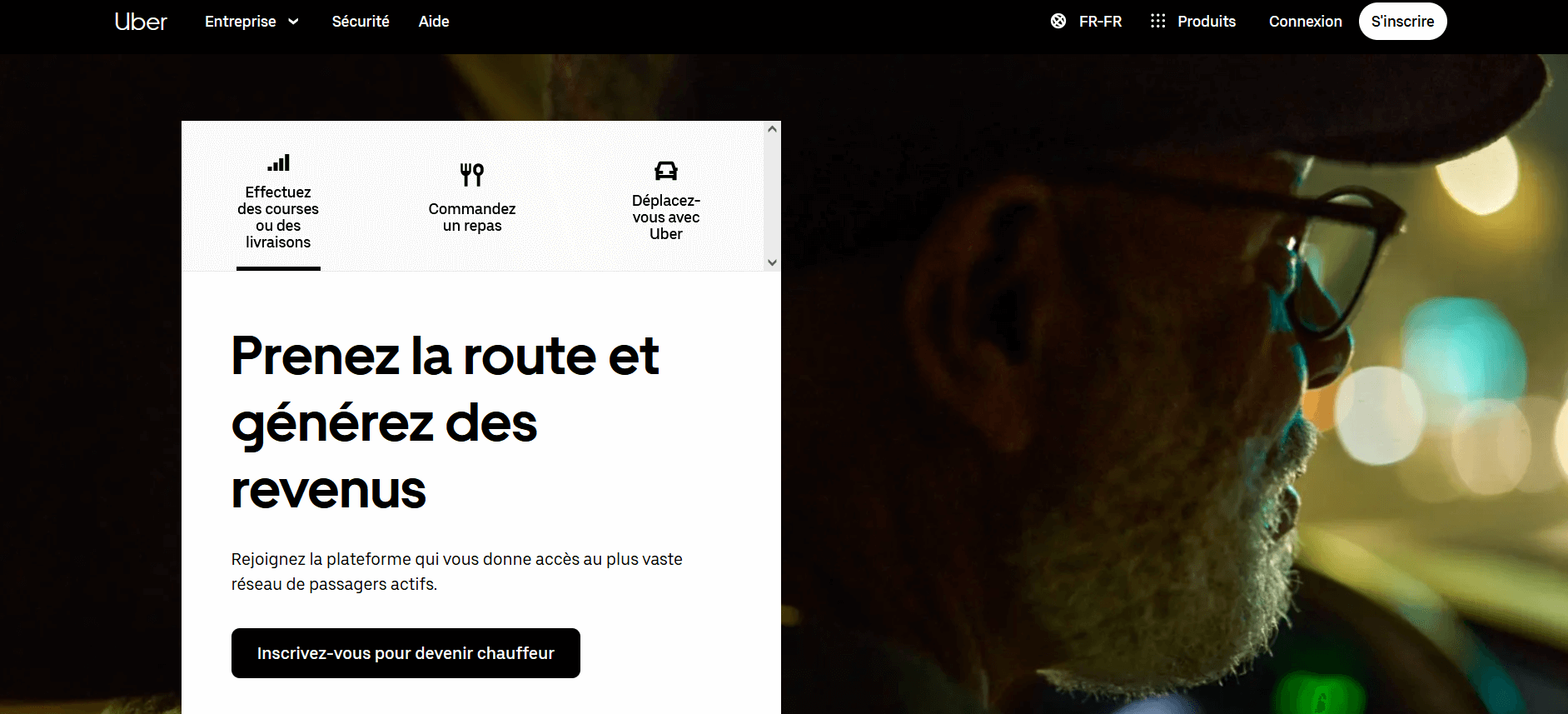 Page d'accueil de Uber