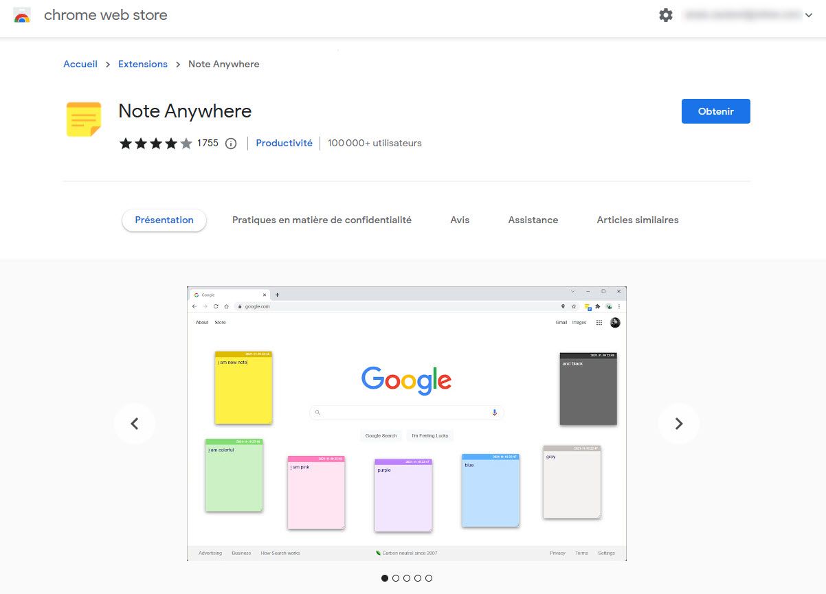 Extensions de Google Chrome : Note AnyWhere