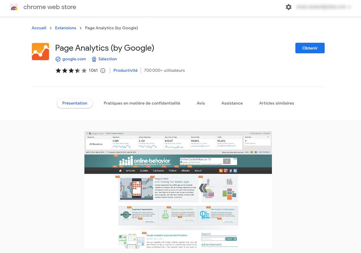 Extensions de Google Chrome : Page Analytics