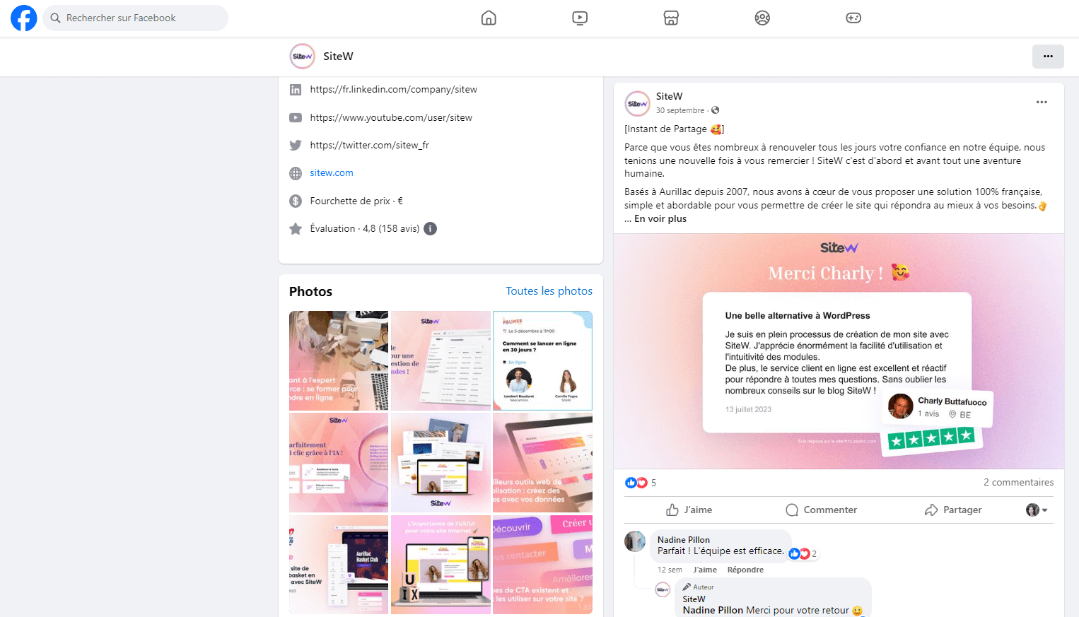 Illustration de la preuve sociale sur la page Facebook de SiteW