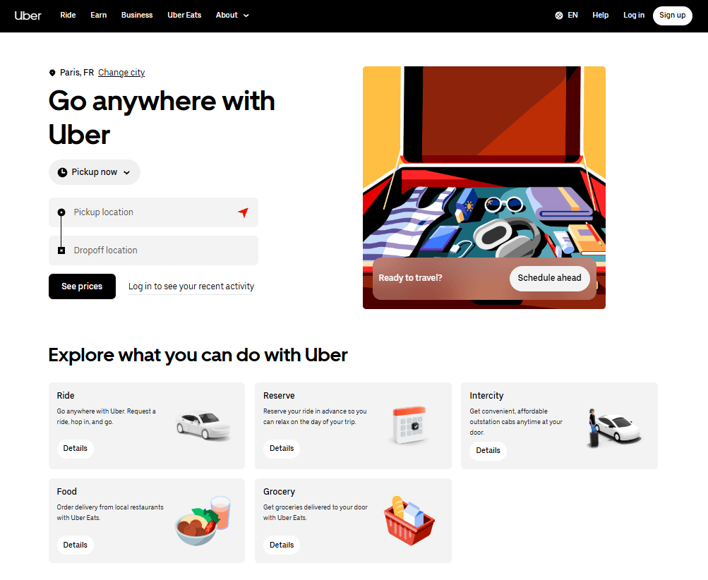 Uber homepage Uber