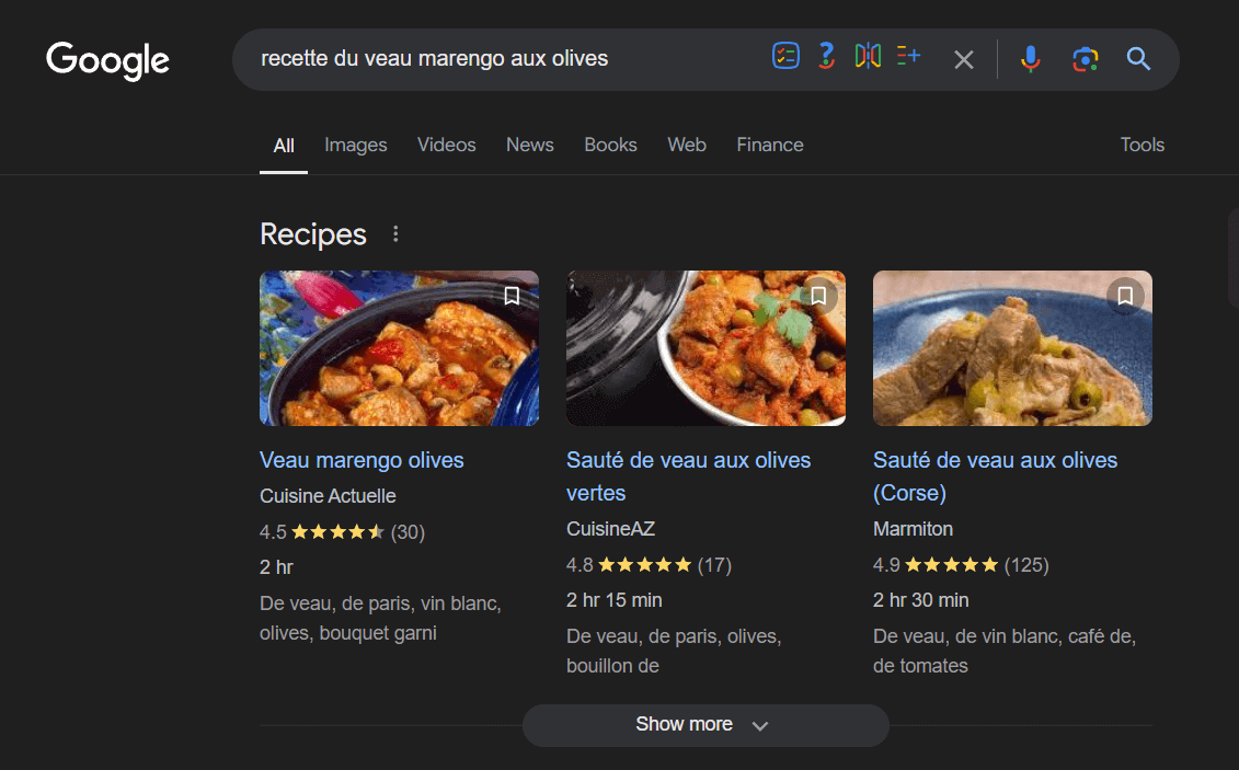 Données structurées à propos d'une recette de cuisine
