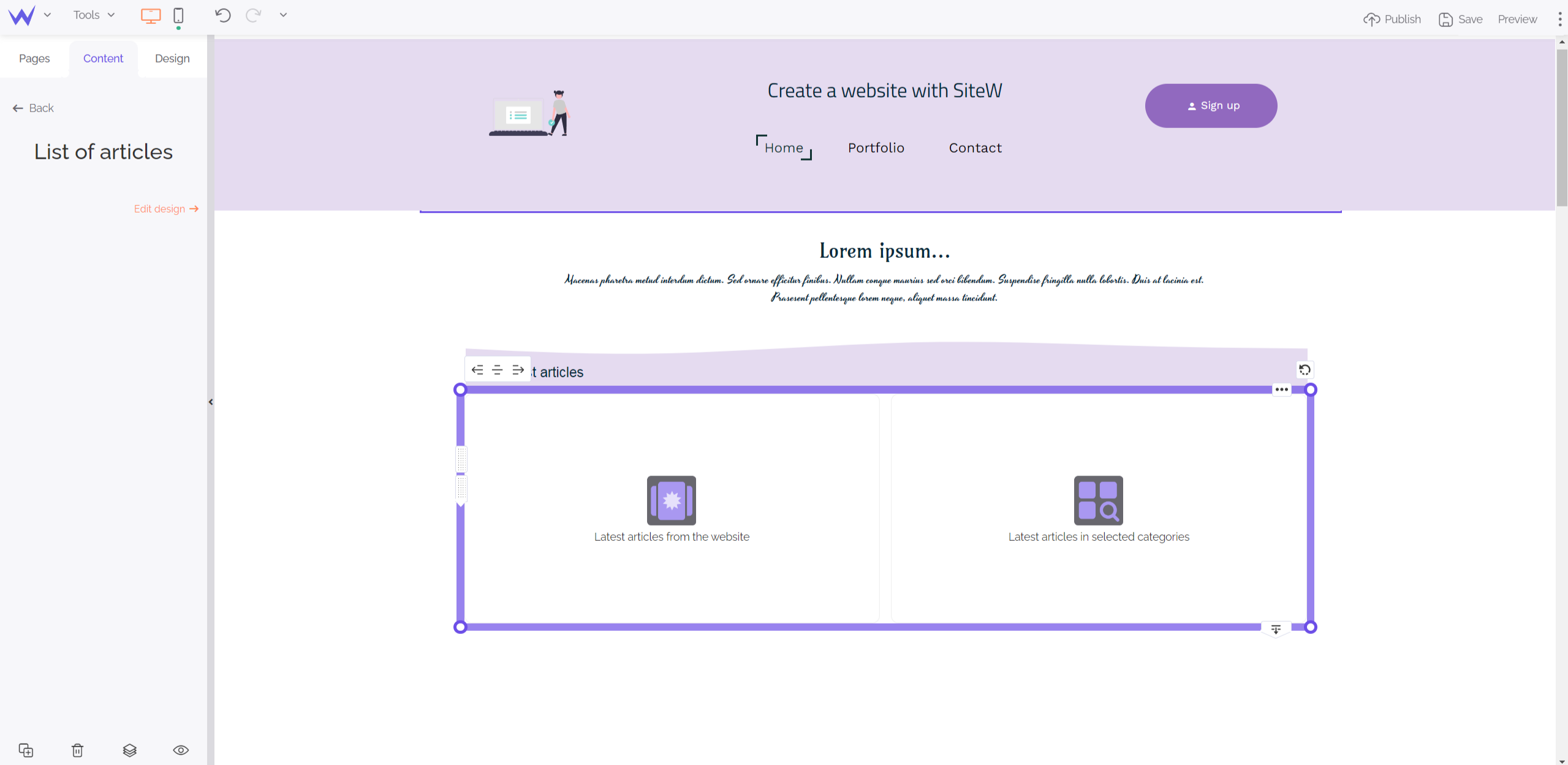 Modes of the Article list block of SiteW