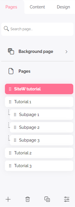 Pages panel of SiteW