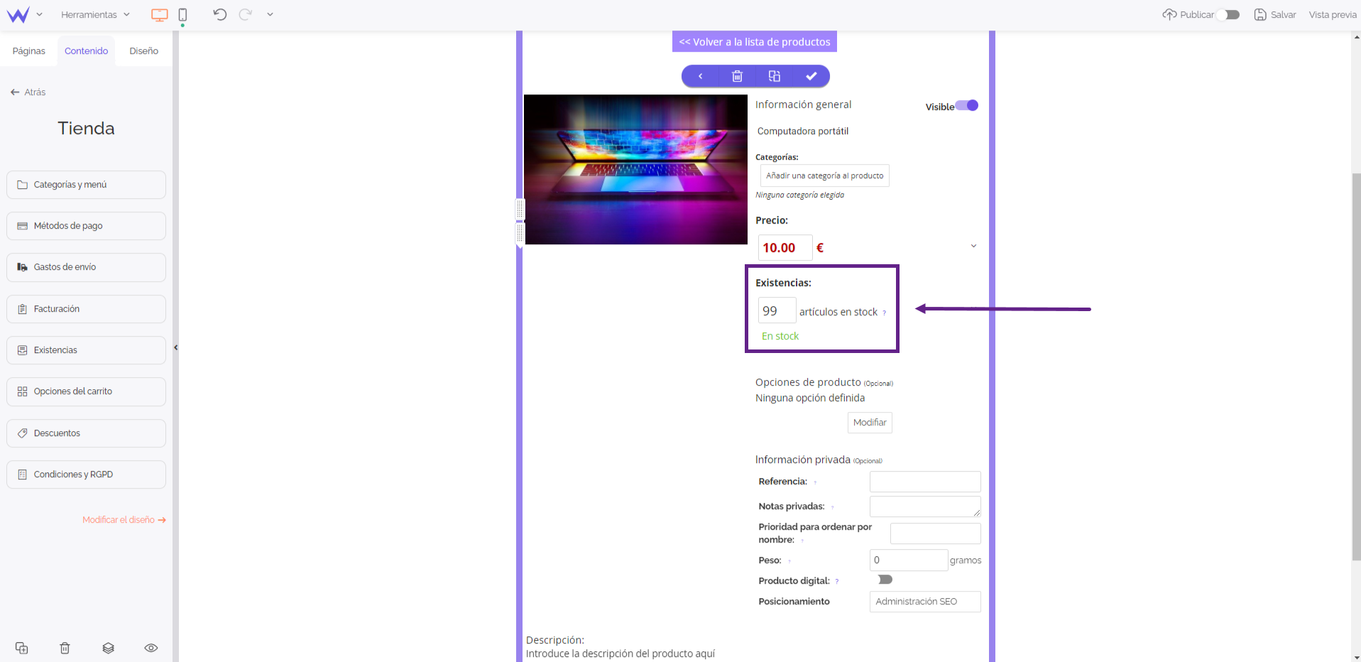 Existencias del producto de la tienda SiteW