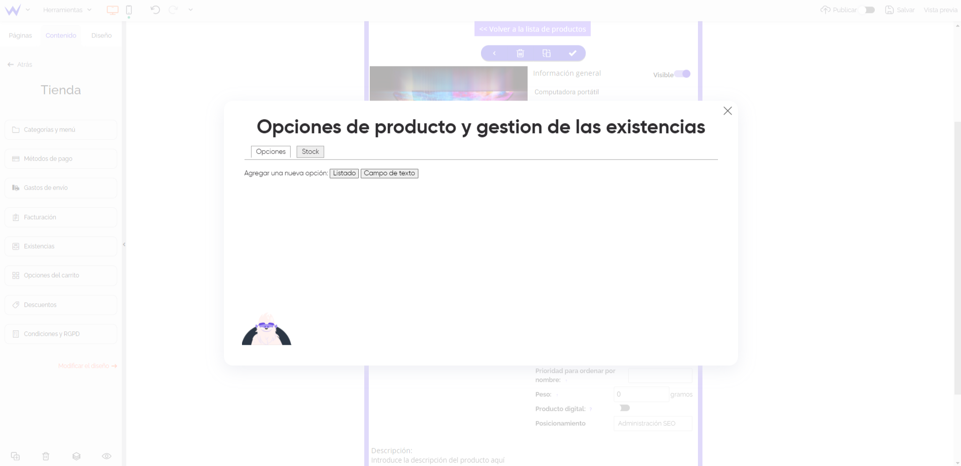 Opciones del producto de una tienda SiteW