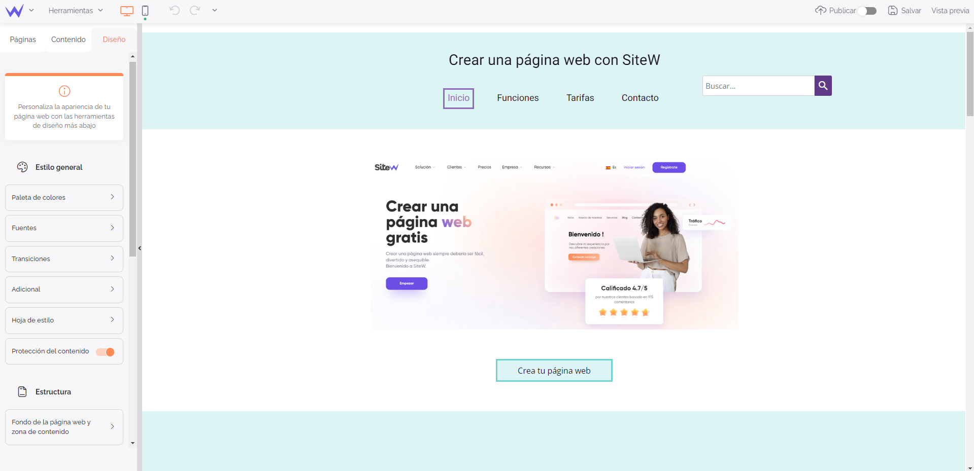 Panel Diseño de SiteW