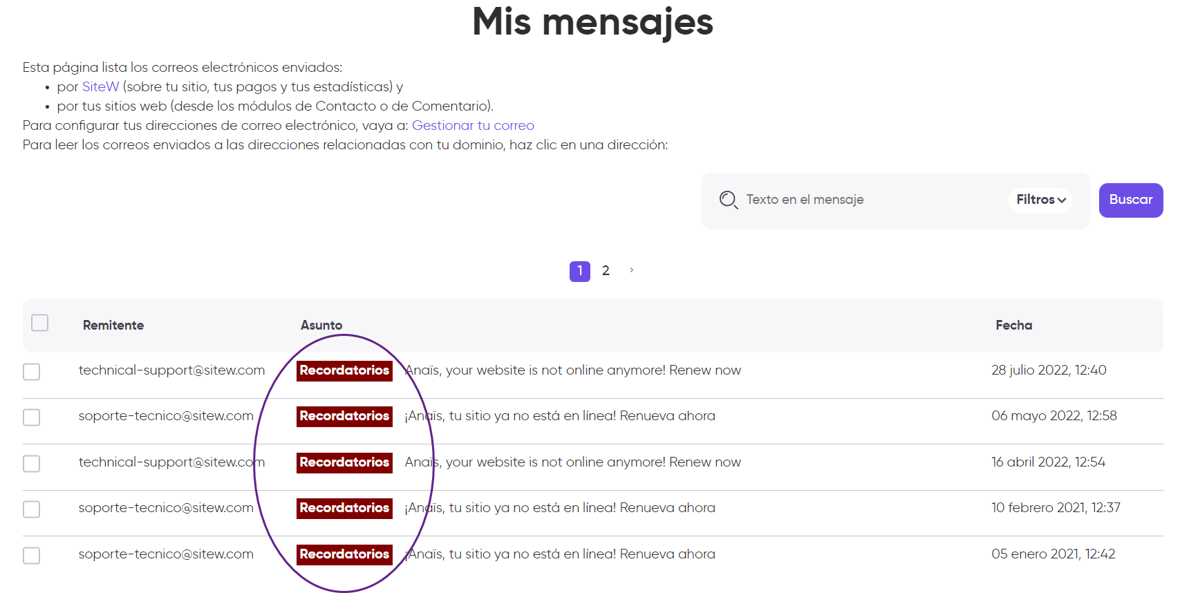 correos automáticos de sitew