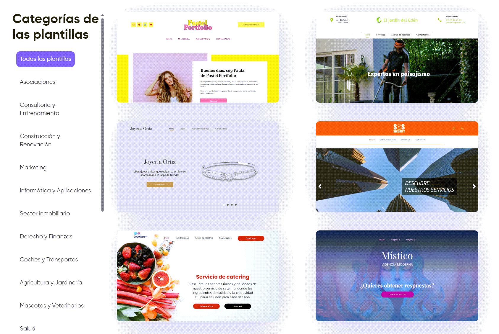 Plantillas predefinidas y profesionales de SiteW