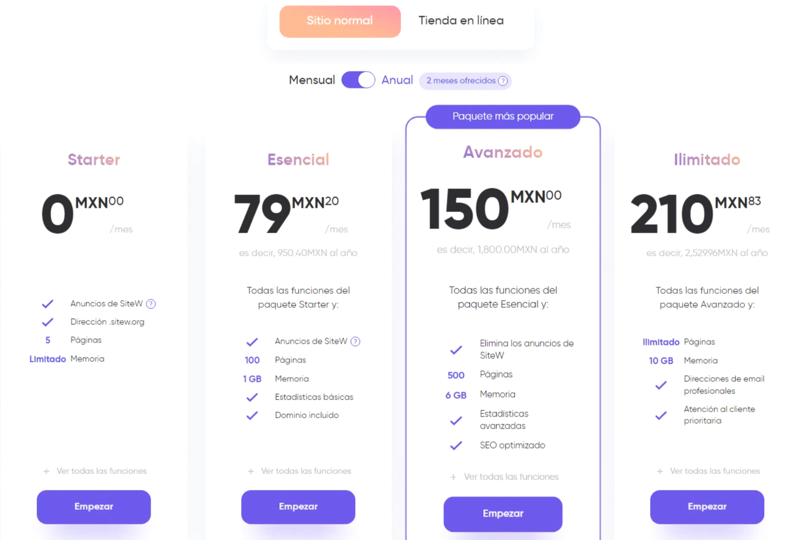 Paquetes de SiteW para crear un sitio web