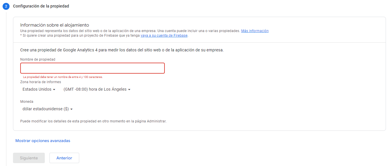 configurar la propiedad en Google Analytics