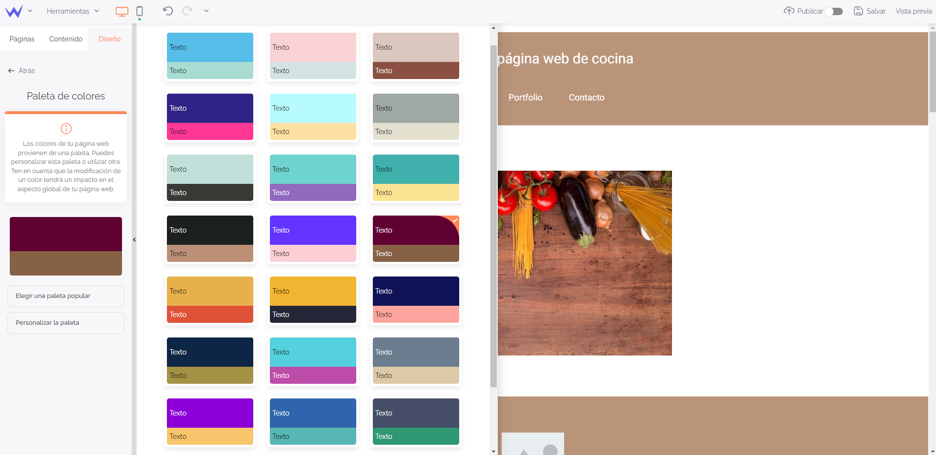 Características de diseño de SiteW para sitio web de cocina: Paleta de colores de SiteW