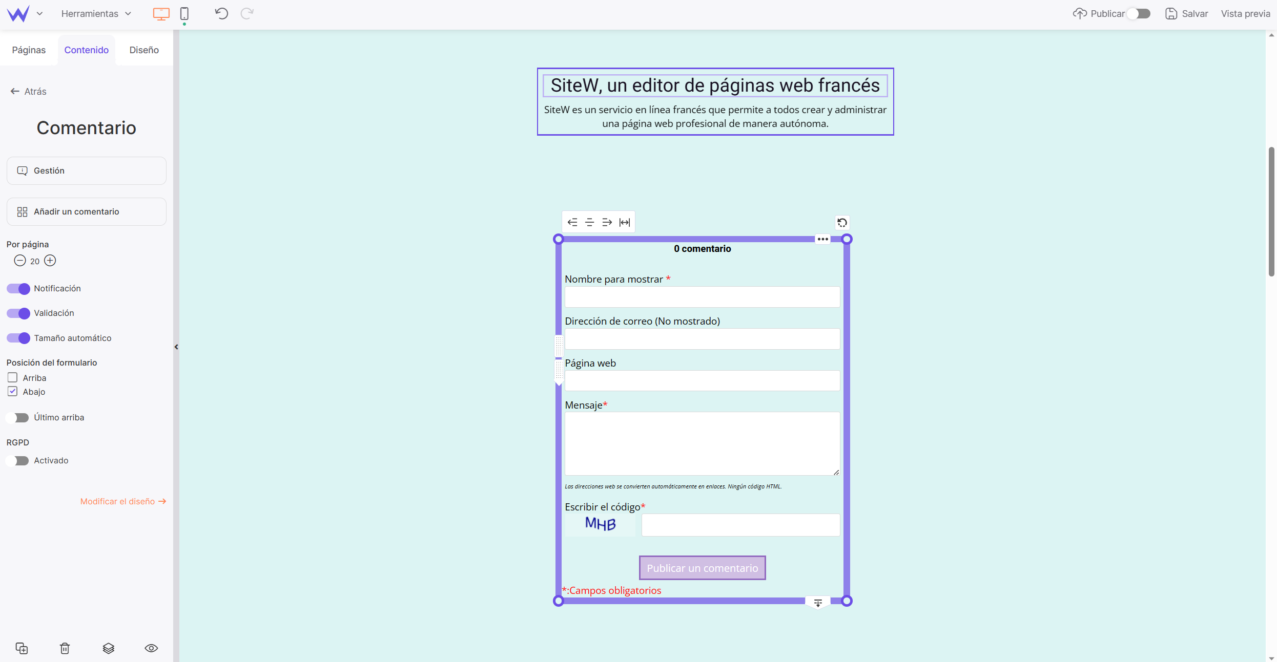 Elementos de un sitio web de bienestar: Módulo de Comentarios de SiteW