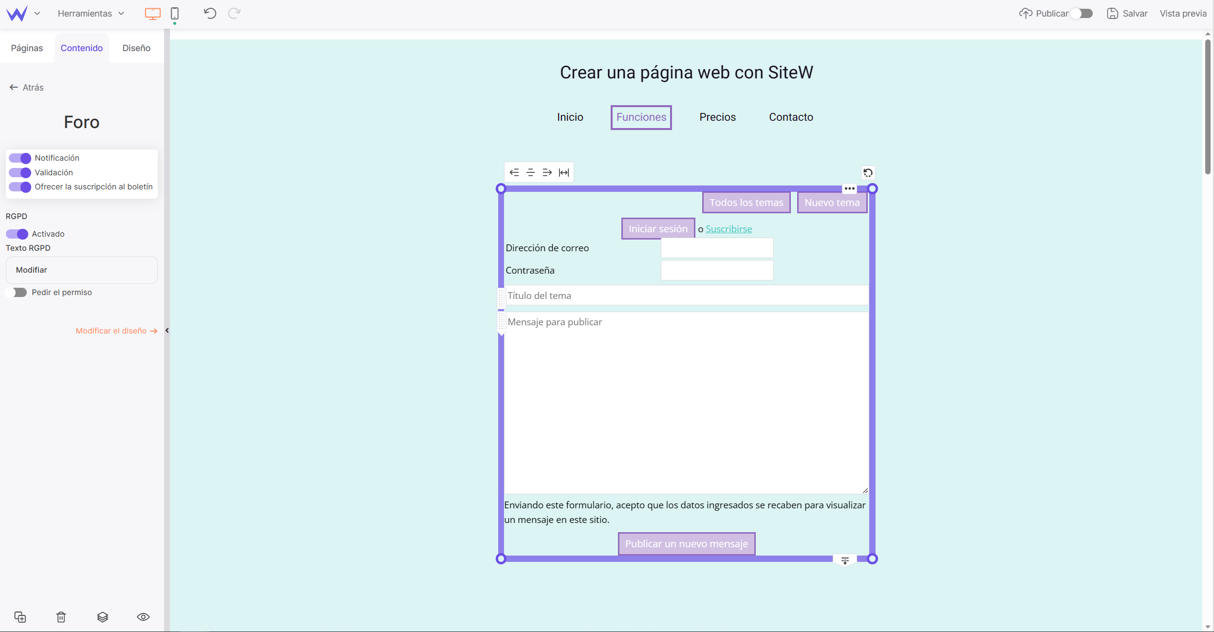 Elementos de un sitio web de bienestar: Módulo de Foro de SiteW