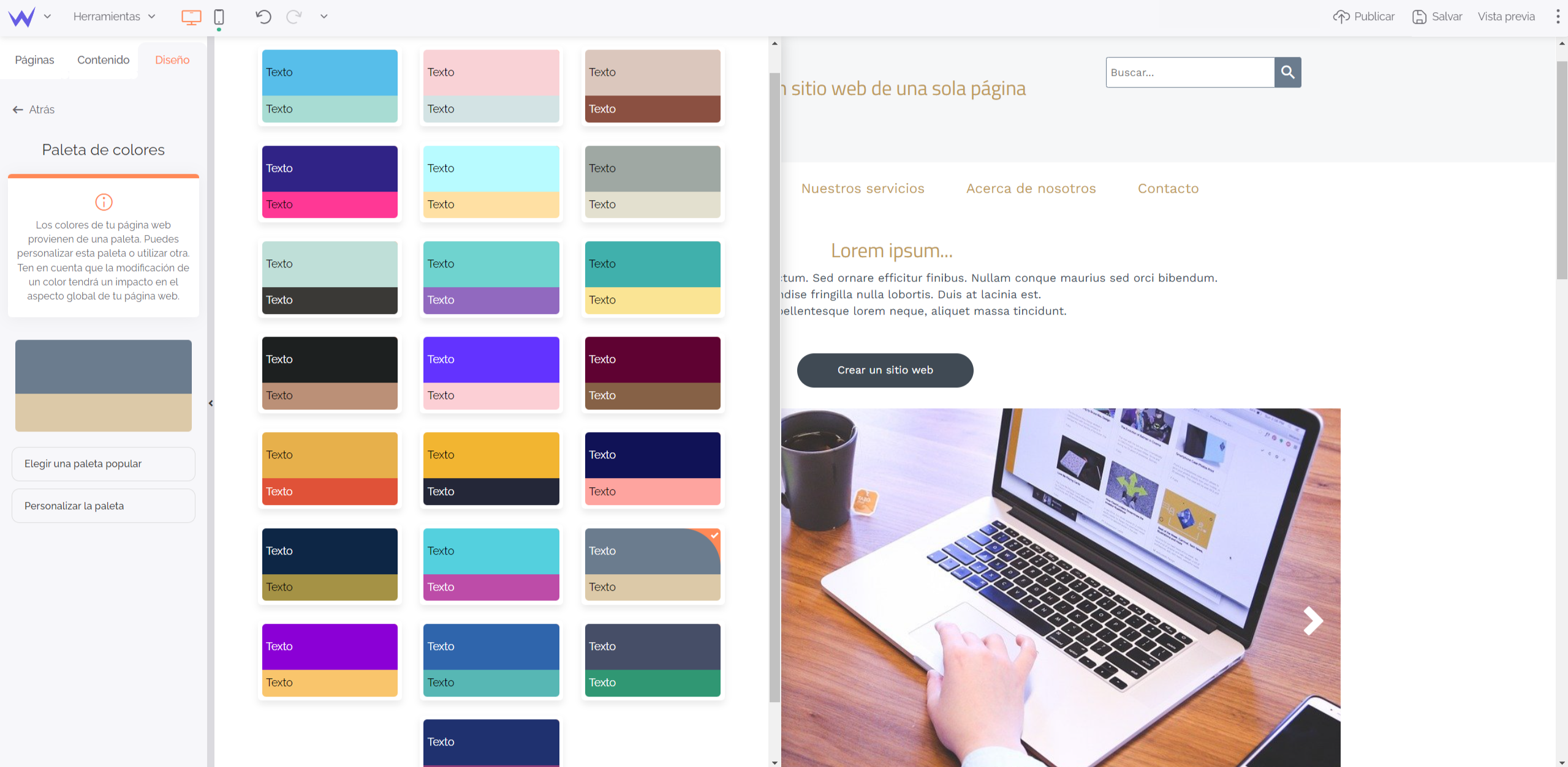 elegir colores sitio web de una sola página