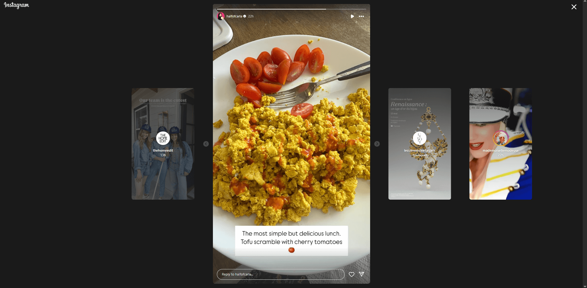 Repas publié en story Instagram