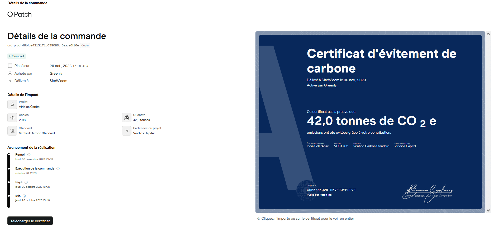 Certificat de SiteW pour le bilan carbone 2022
