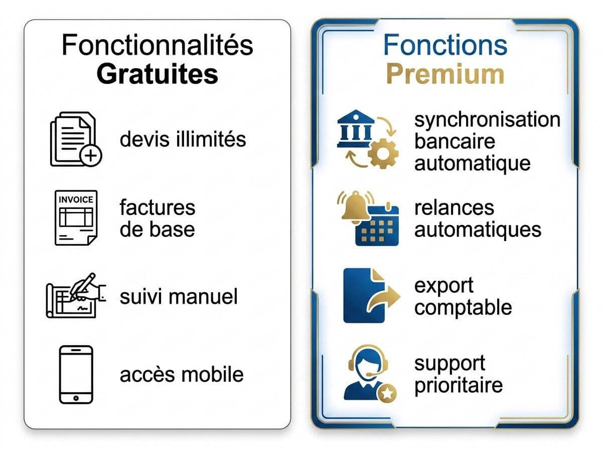 fonctionnalités logiciels auto-entrepreneur fonctions gratuites et premium logiciels