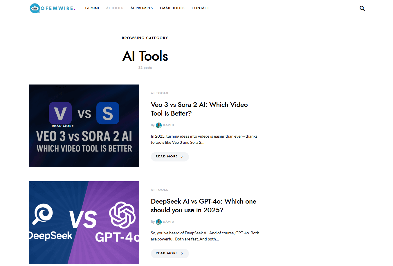 site web avec liste logiciels IA Ofemwire, blog sélection d'outils IA